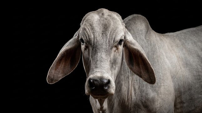 Brahman cow portrait on a black background, showcasing resilient cattle breeding, tropical livestock farming, and agricultural heritage