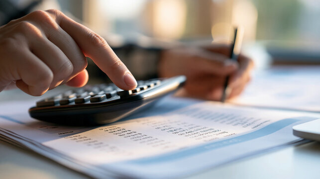 Cropped hands operating a calculator above a spread of quarterly financial reports one finger pressing a key while the other hand holds a pen beside the matching expense row