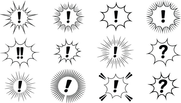 Collection of twelve different comic style speech bubbles with exclamation marks and question marks, black and white for emphasis and attention