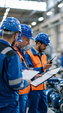 Maintenance technicians coordinating safety checks inside an industrial factory medium rear view of helmeted workers comparing clipboards while one holds a portable radio work