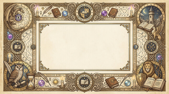 Medieval academy of magic diploma template featuring dragons owls and mythical creatures in heraldic style.