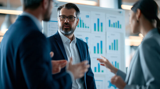 European business team standing at a whiteboard filled with quarterly charts and financial summary sheets rear waist level composition framing jackets and gesturing hands while