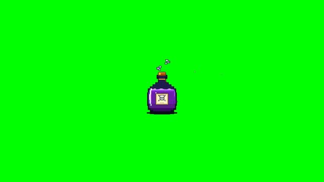 Vibrant retro pixel art toxic poison potion bottle animation with bubbling acid liquid and rising eerie vapor on clean green screen background in twelve seconds loop.