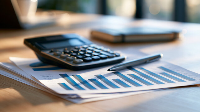 Financial calculator beside quarterly performance charts on a light wooden office desk blue bars and gray expense lines printed on layered white sheets metal pen placed parallel