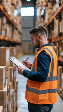 Young adult European warehouse employee checking stored goods against a clipboard list medium rear view showing a safety vest and hands near labeled cardboard cartons orderly
