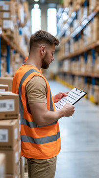Young adult European warehouse employee checking stored goods against a clipboard list medium rear view showing a safety vest and hands near labeled cardboard cartons orderly