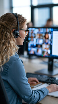 European businesswoman in her forties participating in an online meeting at an office computer rear view showing a headset and confident upright posture screen displaying