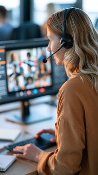European businesswoman in her forties participating in an online meeting at an office computer rear view showing a headset and confident upright posture screen displaying