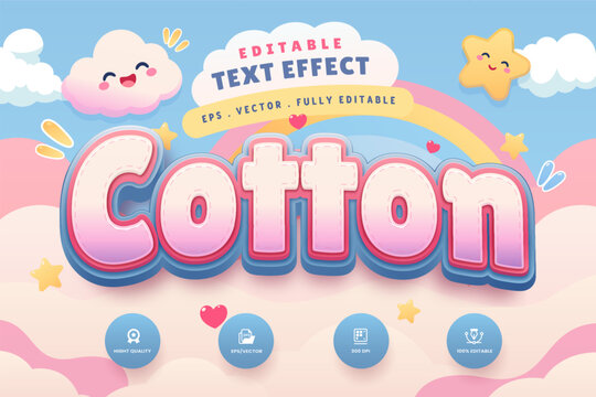 Editable vector text effect with a cute pastel cotton candy concept, suitable for kids designs, candy branding, packaging, posters, menus, stickers, and playful promotional designs.