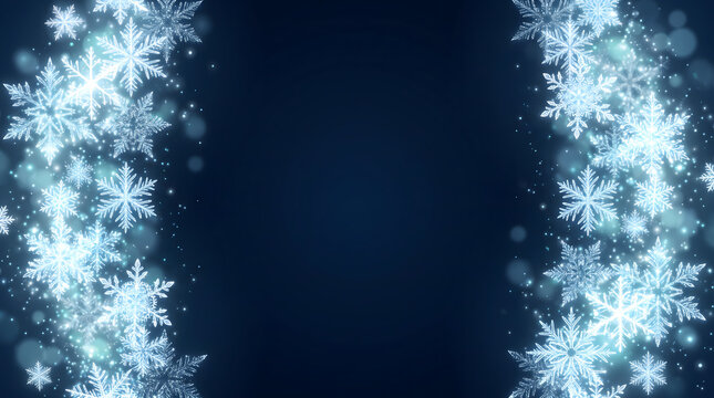 Abstract christmas background with glowing snowflakes arranged in vertical borders on a dark blue festive backdrop