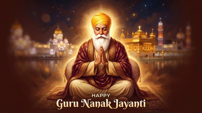 Guru nanak jayanti celebration with a serene depiction of guru nanak dev ji in meditation before the golden temple luxury gold vintage frames and ornate borders set
