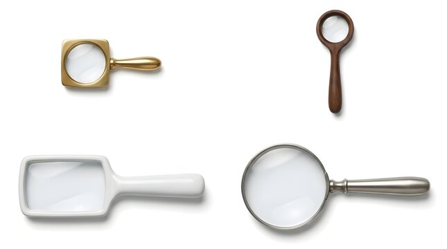 Set of decorative magnifying glasses in gold silver wood and ceramic styles on white background