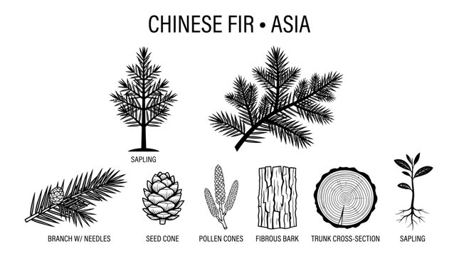 Very beautiful black and white flat vector botanical collection featuring Chinese Fir tree, sapling, branch, sharp linear needles, seed cones, pollen cones, fibrous bark, pale wood grain and trunk cro