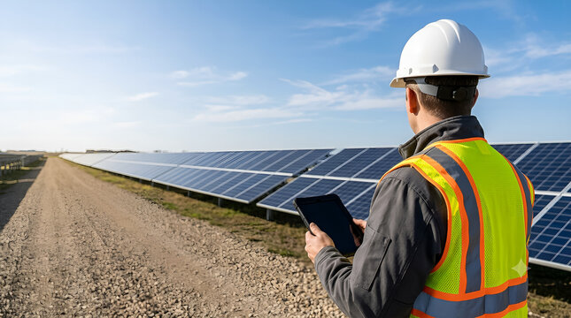 Solar Engineer Inspecting Solar Panel Farm with Digital Tablet Outdoor

