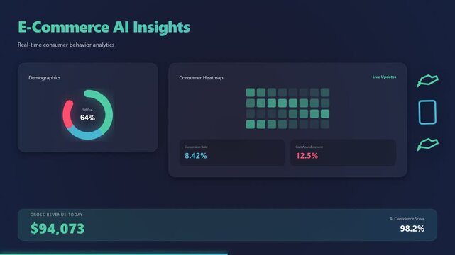 E-commerce dashboard interface with real-time consumer behavior analytics and revenue tracking