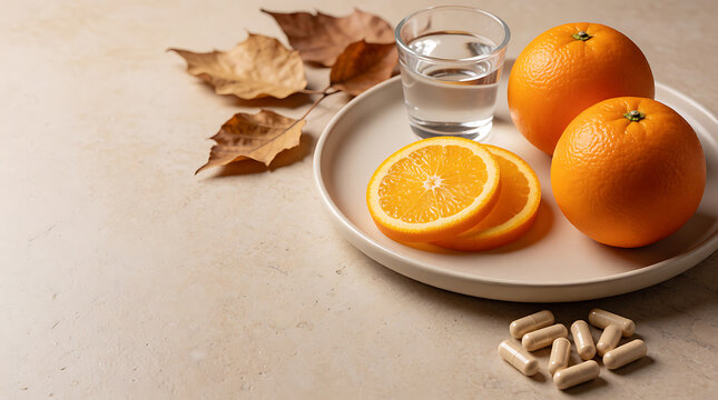Vitamin C Wellness Concept with Fresh Citrus and Supplements