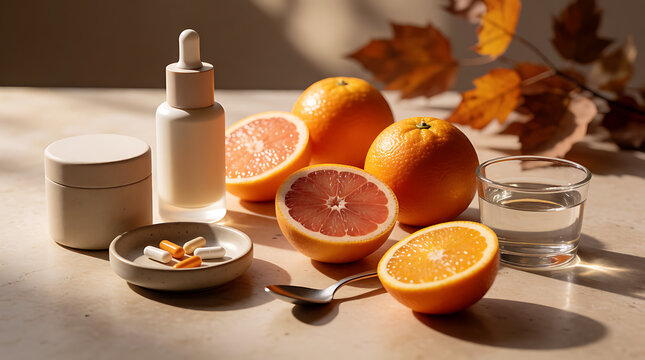 Vitamin C Wellness Concept with Fresh Citrus and Supplements