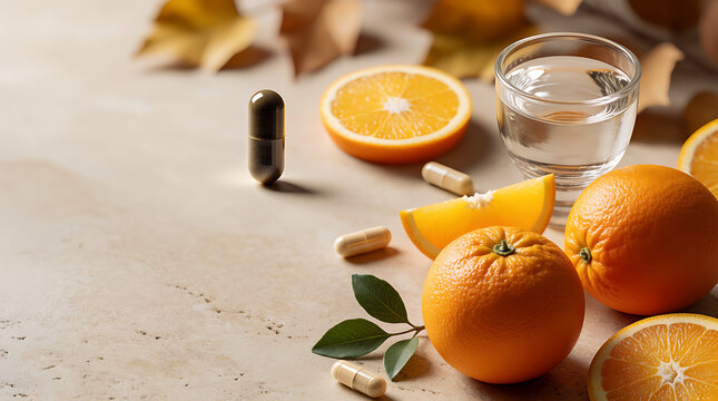Vitamin C Wellness Concept with Fresh Citrus and Supplements
