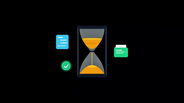 Flat design hourglass animation with floating task icons on black background, symbolizing efficiency and deadlines.