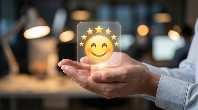Hands holding glowing five stars and happy emoji for excellent customer reviews during a modern office setting