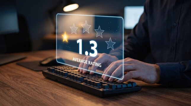 Hands typing on keyboard with holographic customer reviews average rating display
