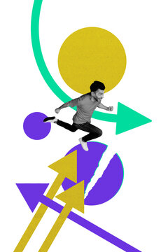 Composite trend artwork sketch image photo collage of&nbsp;business remote distance work arrow direction aim goal target young man run moving