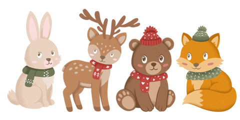 Obraz premium set of cute winter wonderland woodland animals in hats and scarf isolated illustrations for children print, books, puzzles, seasonal decor or pattern 