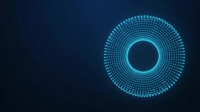 Rotating cyan particle torus glowing on a dark blue background, creating a futuristic abstract technology animation with copy space.