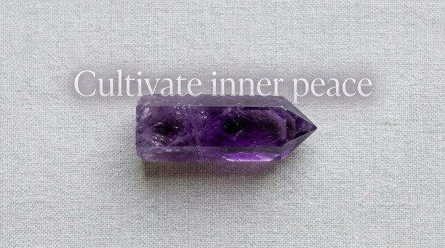 Amethyst crystal point on textured background, symbolizing inner peace and spiritual healing