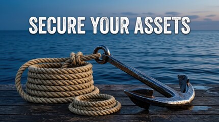 Fototapeta premium Anchor and coiled rope on wooden pier, symbolizing security, stability, and maritime safety