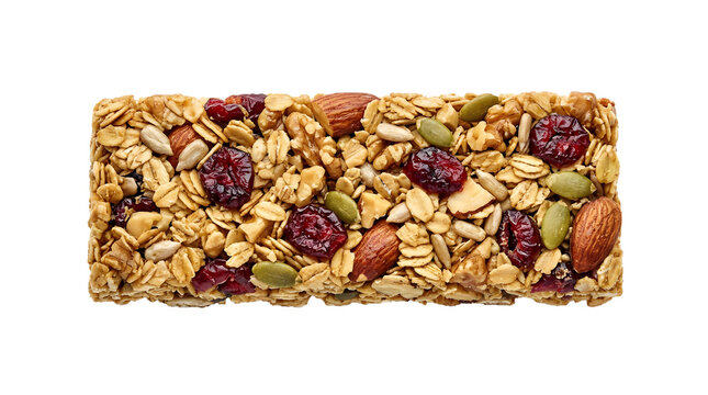 A close-up shot of a granola bar filled with oats, nuts, seeds, and dried fruit, highlighting healthy snacking and breakfast options.
