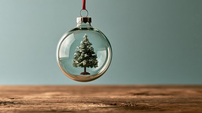 Cozy floating Christmas ornament with tree reflection, festive photo