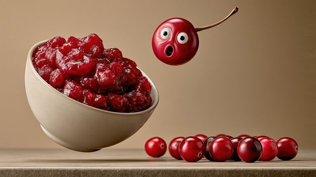 Cozy floating cranberry sauce with escaping berry, festive photo