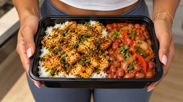 Woman holding healthy meal prep container with grilled chicken, white rice, seasoned beans and vegetables, high protein balanced food for fitness and nutrition