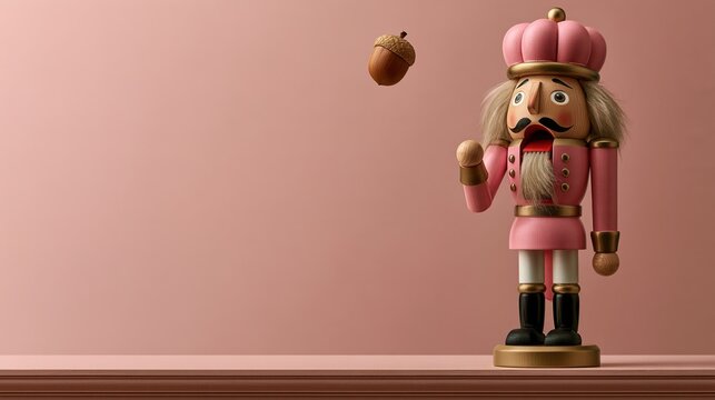 Funny levitating nutcracker with confused floating nut, holiday photo