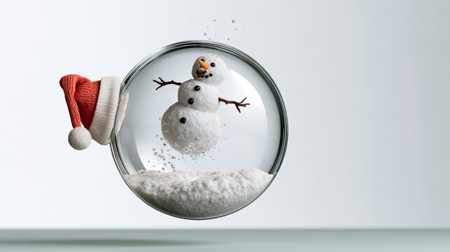 Whimsical levitating snow globe with floating snowman, holiday photo