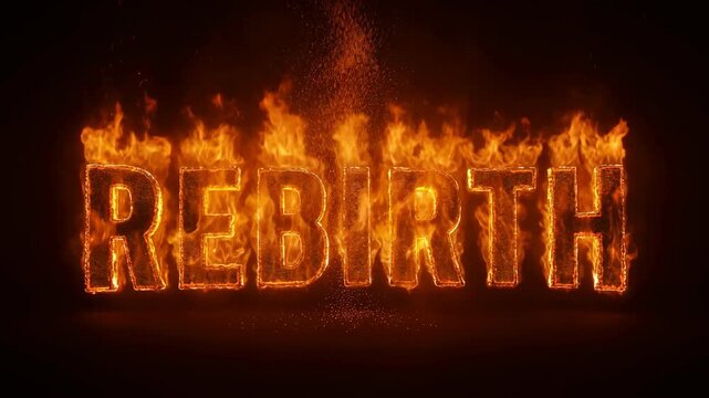 Fiery 'REBIRTH' text animation, burning letters with flames and embers, concept of renewal and transformation