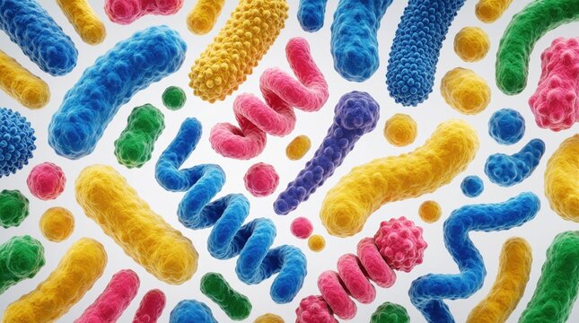 Colorful abstract illustration of diverse bacteria shapes, textures. Microscopic view shows various colorful microbes like bacilli, spirilla in biological pattern. Vibrant cell organisms with