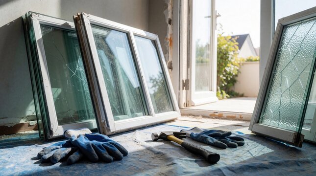 Broken triple glazed window panels sit on floor during home renovation. Cracked glass frames need replacement in modern apartment. Construction tools like gloves, hammer lie nearby for repair work,