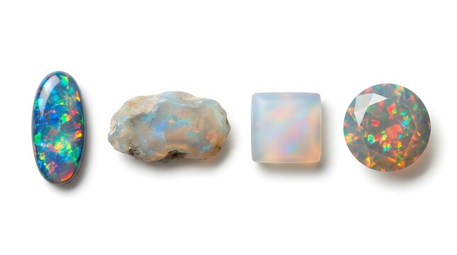Four unique natural and polished opal gemstones displayed side by side on plain white background