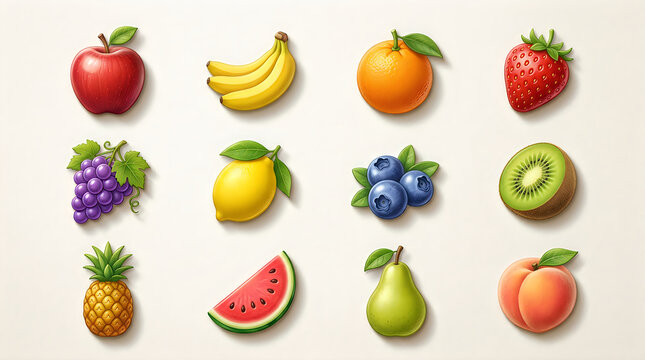 Set of fresh colorful fruit icons including apple banana orange strawberry grape lemon and pineapple