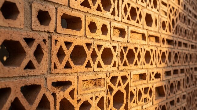 Macro shot of a warm terracotta perforated geometric brick facade