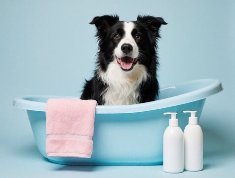 Happy border collie sits in light blue plastic tub. Cute black, white dog enjoys bath time with pink towel, white shampoo bottles. Playful pet looks at camera during grooming session in studio with