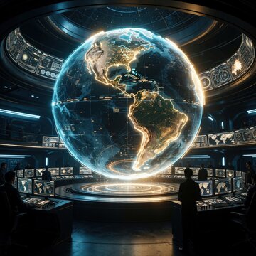 Futuristic command center with giant glowing digital globe showing Americas. Specialists monitor global data on screens in dark high tech control room. Advanced surveillance system tracks world