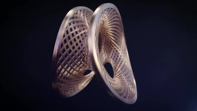 Golden mobius strip wire mesh loop, abstract 3d sculpture background