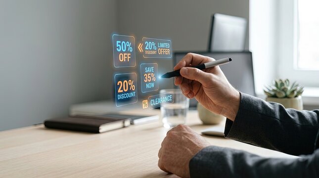 Businessman using a digital pen to select virtual discount offers on a holographic interface