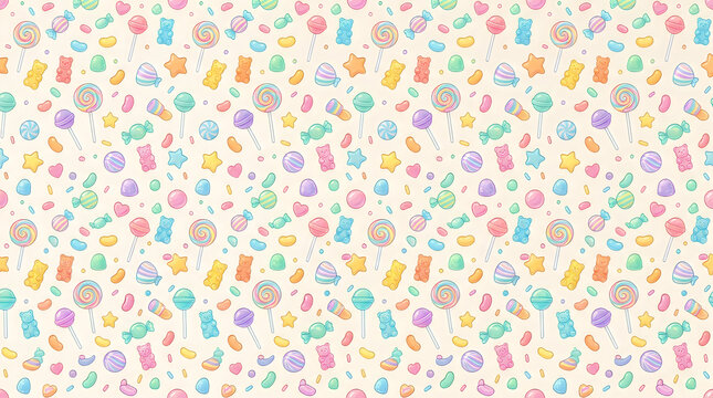 Seamless pattern with colorful sweet candy lollipops and treats on a white background