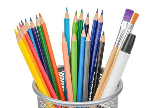 Colorful pencils and paint brushes in a metal holder