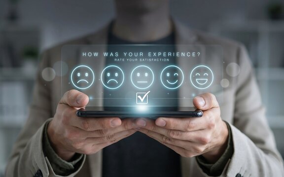 Person holding smartphone displaying customer satisfaction feedback rating with smiley faces