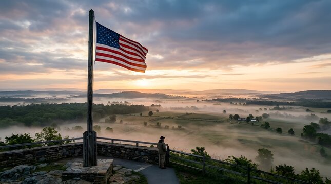 A lone observer stands on a stone observation platform at sunrise, looking out over a foggy valley with an American flag flying on a wooden pole in the foreground